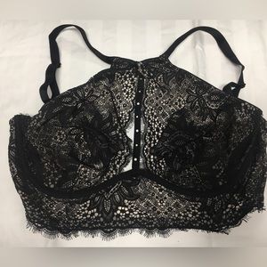 Victorias Secret Bra 36DD Unlined Plunge High Neck Black Floral Lace